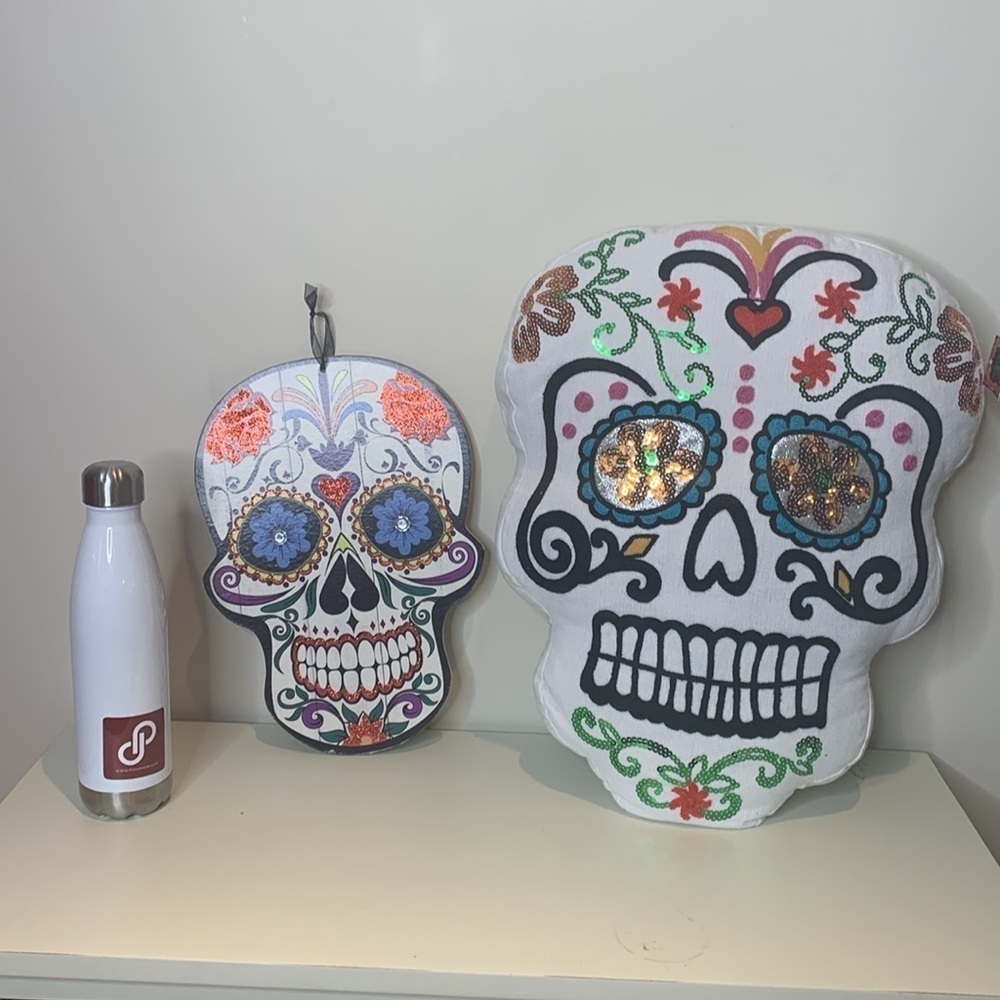 NWT Sugar Skull Large 20”x16” Sequin Embroidered Pillow + Wall Door Decor
